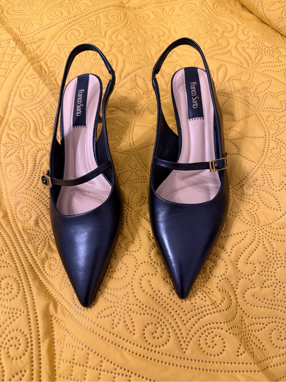 Franco Sarto Black Pointed Slingback Heels with Buckle Strap
